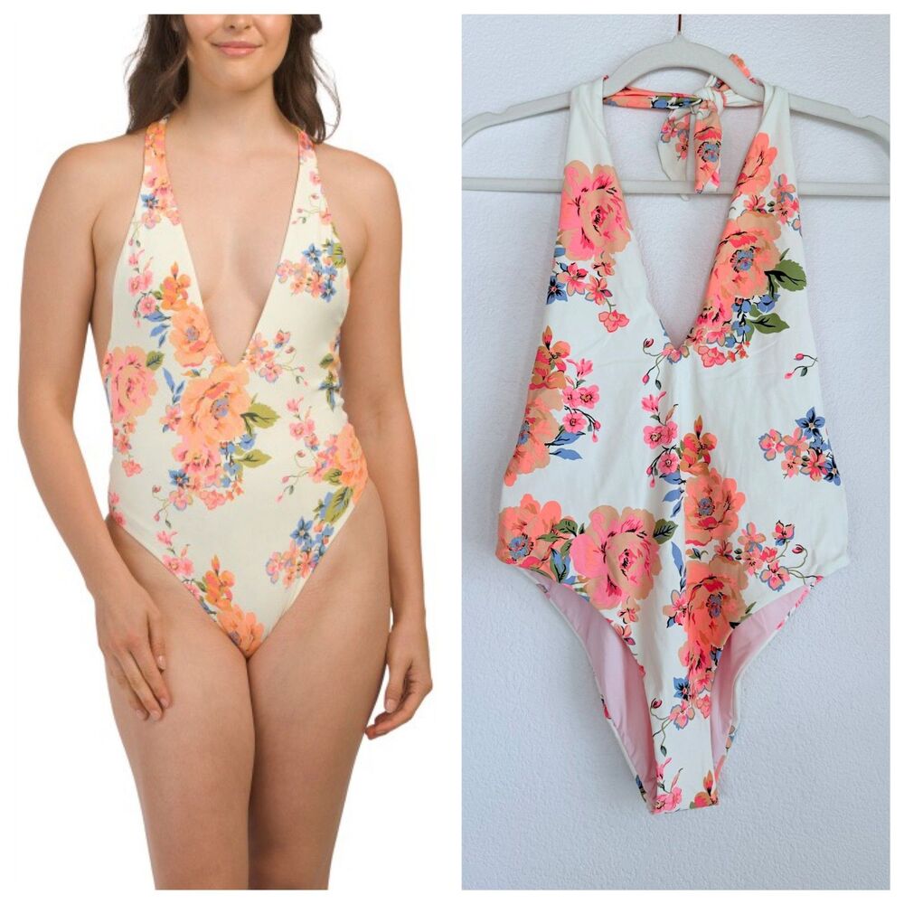 NWT MAAJI Halter Plunge Floral Open Back One-Piece Swimsuit in Ivory Size M